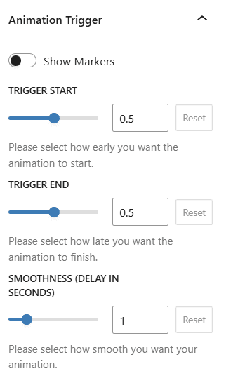  Scroll Animation trigger settings panel with start, end, and smoothness controls