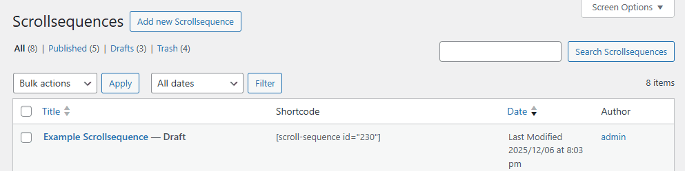 Where to find Scrollsequence shortcode 